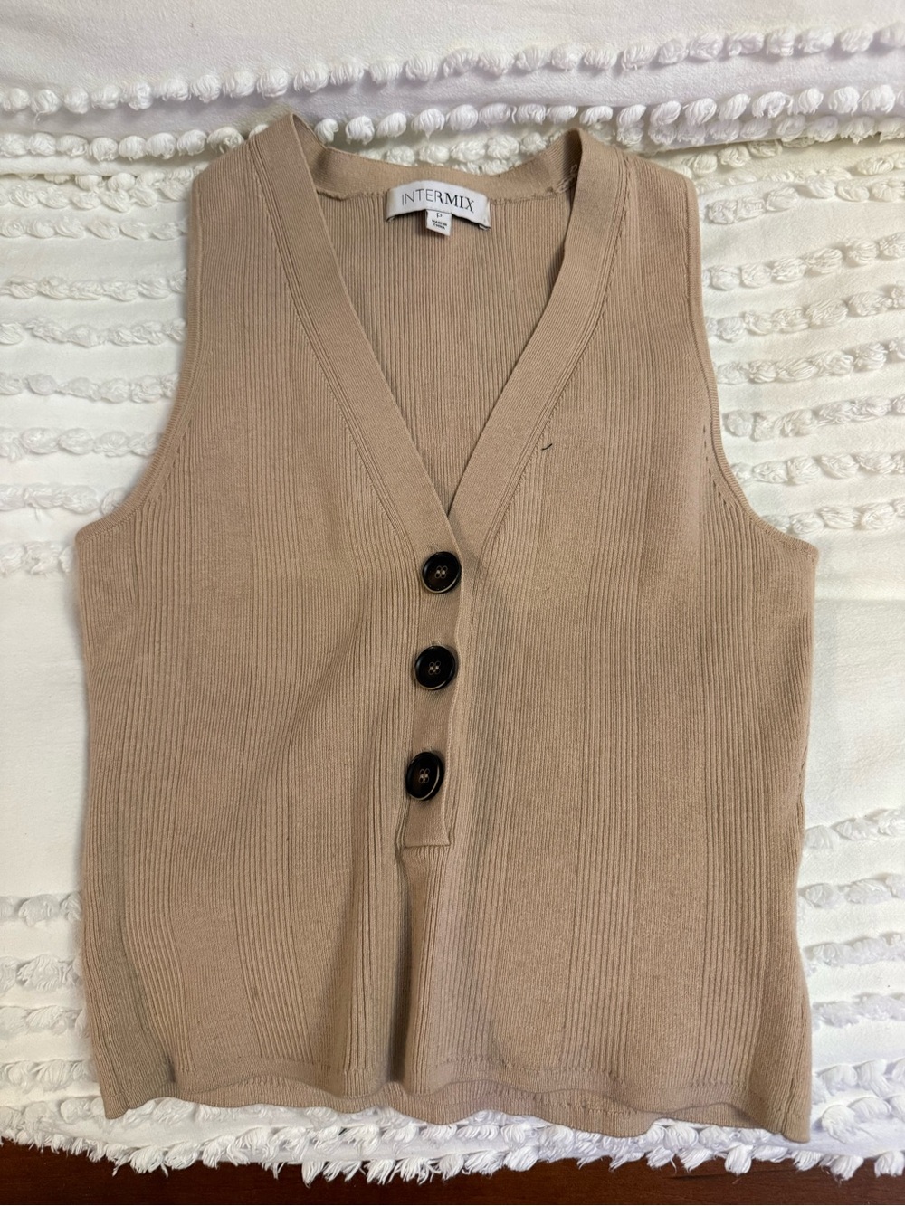 INTERMIX Beige Ribbed V-Neck Button Knit Vest